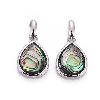 Natural Abalone Shell/Paua ShellCharms, with Brass Findings, Teardrop, Platinum, 14.5x10x4.5mm, Hole: 3x4mm