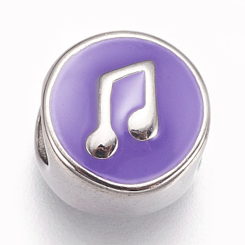 304 Stainless Steel European Beads, with Enamel, Large Hole Beads, Flat Round with Musical Note, Purple, Stainless Steel Color, 11x8mm, Hole: 5mm