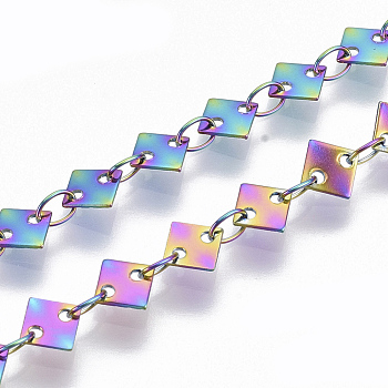 Ion Plating(IP) 304 Stainless Steel Link Chains, Rhombus Sequin Chains, Soldered, Rainbow Color, rhombus: 5.5x5.5x0.3mm, link: 3.6x2.3x0.3mm, about 39.37 inch(1m)/strand