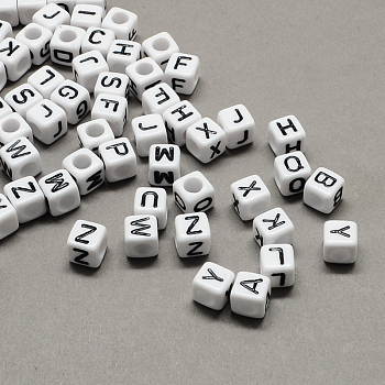 Large Hole Acrylic European Beads, Horizontal Hole, White & Black, Cube with Letter, Random Mixed Letters, 6x6x6mm, Hole: 4mm, about 2950pcs/500g