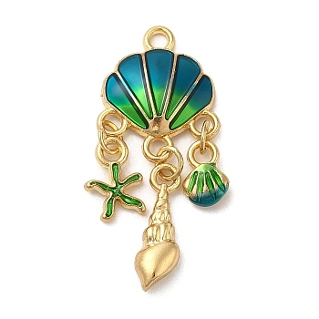 Alloy Enamel Pendants, Light Gold, Shell with Starfish & Conch Charm, Steel Blue, 35x15x3mm, Hole: 2mm