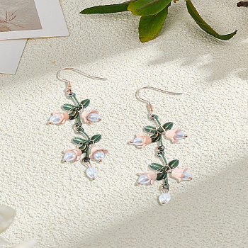 1 Pair Alloy Dangle Earrings, with Imitation Pearl Beads, Floewr, Golden, 74.5x14mm