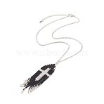 Glass Seed Beaded Cross Tassel Pendant Necklaces, 304 Stainless Steel Curb Chain Necklace with Lobster Claw Clasps & Chain Extenders for Women, Silver, 16~17-3/4 inch(40.5~45.2cm)(NJEW-MZ00011-02)
