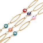 304 Stainless Steel Enamel Evil Eye & Horse Eye Link Chains, Ion Plating(IP), Soldered, with Spool, Real 18K Gold Plated, Colorful, 20x6x1mm(CHS-K021-11G-01)
