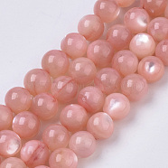 Natural White Shell Mother of Pearl Shell Beads Strands, Dyed, Round, Salmon, 7.5x7.5mm, Hole: 1mm, about 51~52pcs/Strand, 15.16 inch~15.55 inch(X-SSHEL-T012-06)