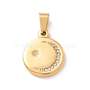 Vacuum Plating 304 Stainless Steel Pendant,Rhinestone, Flat Round with Moon Pattern, Golden, 19x15.3x2.5mm, Hole: 7.5x4mm(STAS-C045-03G)