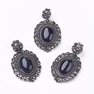Natural Black Agate Gothic Pendants, with Antique Silver Plated Zinc Alloy Rhinestone Findings, Oval, Lead Free & Nickel Free, Total Length: 47~48.5mm, Hole: 5x7mm, Oval Pendant: 39~40x27~27.5x7.5~9mm(X-G-F228-18M-FF)