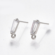 Brass Cubic Zirconia Stud Earring Findings, with Loop, Clear, Real Platinum Plated, 11.5x3mm, Hole: 1.2mm, Pin: 0.7mm(KK-S348-349)