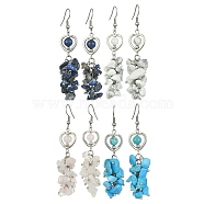Alloy Heart Dangle Earrings with 304 Stainless Steel Pins, Natural & Synthetic Mixed Gemstone Chips Cluster Earrings, 70~73x14~17mm(EJEW-JE05373)