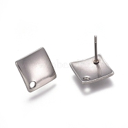304 Stainless Steel Stud Earring Findings, Rhombus, Stainless Steel Color, 13.5x13.5x1.4mm, Side Length: 10x10mm, Hole: 1.5mm, Pin: 0.8mm(STAS-E482-02P)