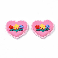 Opaque Resin Cabochons, Heart with Flower, Flamingo, 23x26x8mm(CRES-S308-037)