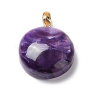 Natural Charoite Pendants, Flat Round Charms with Golden Plated 925 Sterling Silver Findings, 21.5x19x7.5mm, Hole: 3x2mm(G-P501-03G)