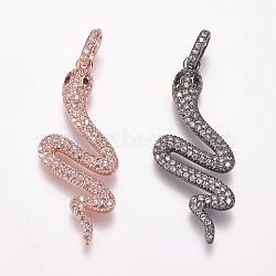 Brass Micro Pave Cubic Zirconia Pendants, Snake, Mixed Color, Clear, 36x15x2.5mm, Hole: 3x5mm(ZIRC-K074-26-03)
