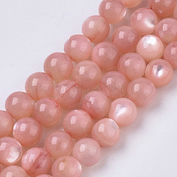 Natural White Shell Mother of Pearl Shell Beads Strands, Dyed, Round, Salmon, 7.5x7.5mm, Hole: 1mm, about 51~52pcs/Strand, 15.16 inch~15.55 inch(X-SSHEL-T012-06)