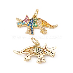 Rack Plating Brass Micro Pave Colorful Cubic Zirconia Pendants, with Jump Ring, Cadmium Free & Nickel Free & Lead Free, Real 18K Gold Plated, Dinosaur, 10.5x21x3mm, Jump Ring: 5x0.6mm, Inner Diameter: 3.8mm(ZIRC-C040-48C-G)