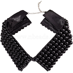Detachable Polyester Bib, Plastic Imitation Pearl Beaded False Stand Collar, with Extension Chain, for Costume Decoration, Black, 390~420x83x10.5mm(FIND-WH0032-14B)