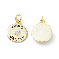 Rack Plating Brass Enamel Pendants, with Plastic Imitation Pearl, Long-Lasting Plated, Lead Free & Cadmium Free, Flat Round with Word VIRGO GENTLE Charm, Real 18K Gold Plated, 14x12x4mm, Hole: 3mm(KK-B065-06G)