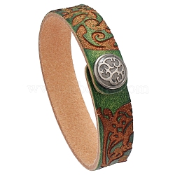 Branch Pattern Cowhide Cord Bracelets, with Alloy Button, Lime Green, 8-5/8 inch(22cm)(PW-WG87466-04)