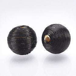 Wood Beads Covered with Polyester Cord Wire, Round, Black, 16~17x15.5~16mm, Hole: 3~4mm(X-WOVE-S117-16mm-01)