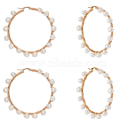 Unicraftale 304 Stainless Steel Hoop Earrings, with Natural Pearls, Ring Shape, Golden, 62.5x63x5.5~6mm, Pin: 0.7x1mm, 2pairs/box(EJEW-UN0001-09)