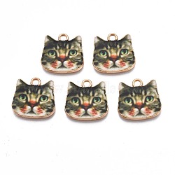 Printed Alloy Pendants, Cadmium Free & Nickel Free & Lead Free, Light Gold, Cat Head, Dark Khaki, 17x17.5x1.5mm, Hole: 2mm(PALLOY-N168-002E)