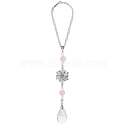 Bohemian Style Acrylic & Glass Pendant Decoration, with Iron Chain and Lobster Claw Clasps, Pink, 285mm(HJEW-DR00064)