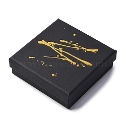 Hot Stamping Cardboard Jewelry Packaging Boxes, with Sponge Inside, for Rings, Small Watches, Necklaces, Earrings, Bracelet, Square, Black, 9.15x9.15x2.9cm(CON-B007-01C)