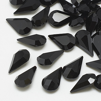 Pointed Back Glass Rhinestone Cabochons, Faceted, teardrop, Jet, 8x5x3mm