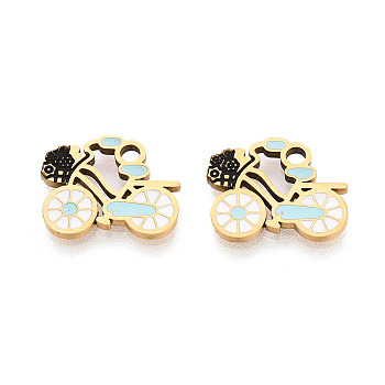 304 Stainless Steel Enamel Pendants, Bicycle Charms, Ion Plating(IP), Real 18K Gold Plated, Light Blue, 12x15x1.5mm, Hole: 2mm