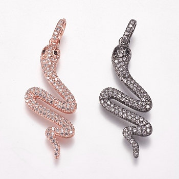 Brass Micro Pave Cubic Zirconia Pendants, Snake, Mixed Color, Clear, 36x15x2.5mm, Hole: 3x5mm