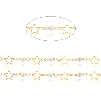 3.28 Feet Brass Handmade Beaded Chain, with Round Glass Beads, Long-Lasting Plated, Soldered, Star, Real 18K Gold Plated, Link: 4x2x0.3mm, Star: 8x8x1mm, Round: 13x4mm