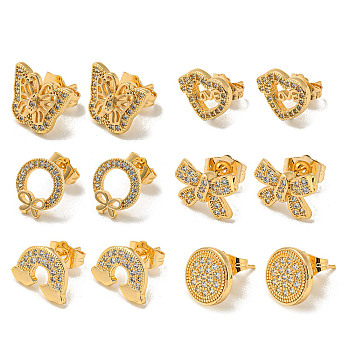 Light Gold Brass Micro Pave Cubic Zirconia Stud Earrings for Women, Mixed Shapes, 9~13x11~14mm