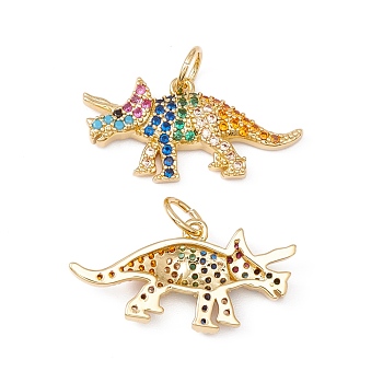 Rack Plating Brass Micro Pave Colorful Cubic Zirconia Pendants, with Jump Ring, Cadmium Free & Nickel Free & Lead Free, Real 18K Gold Plated, Dinosaur, 10.5x21x3mm, Jump Ring: 5x0.6mm, Inner Diameter: 3.8mm