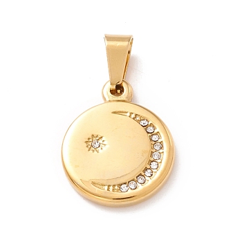 Vacuum Plating 304 Stainless Steel Pendant,Rhinestone, Flat Round with Moon Pattern, Golden, 19x15.3x2.5mm, Hole: 7.5x4mm