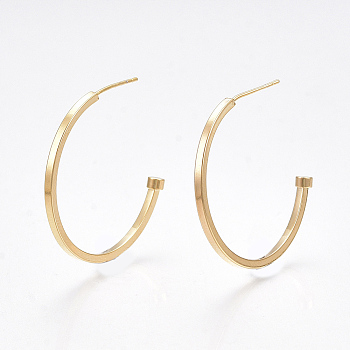Brass Stud Earrings, Half Hoop Earrings, Nickel Free, Real 18K Gold Plated, 30x30mm, Pin: 0.8mm