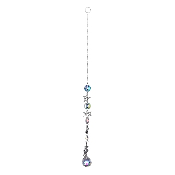 AB Color Plated Crystal Teardrop Big Pendant Decorations, Hanging Sun Catchers, with Iron Findings & Alloy Pendants, Moon & Star, Clear AB, 345mm, Pendant: 185x30x21mm