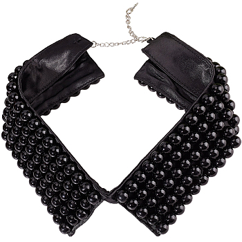 Detachable Polyester Bib, Plastic Imitation Pearl Beaded False Stand Collar, with Extension Chain, for Costume Decoration, Black, 390~420x83x10.5mm