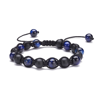 Round Stone Braided Bead Bracelets Set, Natural Tiger Eye & Synthetic Black Stone Beads Stackable Bracelets for Women, Prussian Blue, Inner Diameter: 2-1/4~3-1/2 inch(5.6~8.8cm)