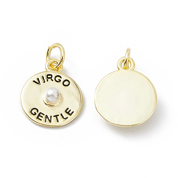 Rack Plating Brass Enamel Pendants, with Plastic Imitation Pearl, Long-Lasting Plated, Lead Free & Cadmium Free, Flat Round with Word VIRGO GENTLE Charm, Real 18K Gold Plated, 14x12x4mm, Hole: 3mm