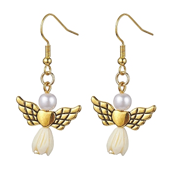 Angel Antique Golden Alloy & Resin Dangle Earrings, Imitation Pearl Acrylic Drop Earrings, Light Goldenrod Yellow, 45x21.5mm
