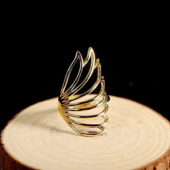 Minimalist Hollow Feather Brass Finger Ring for Women, Golden, Inner Diameter: 16~18mm