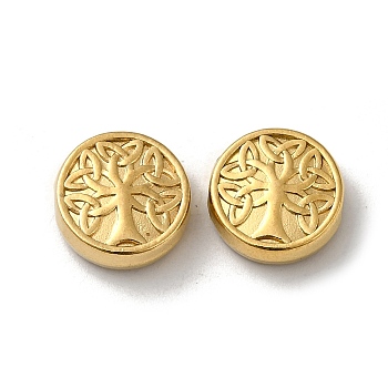 304 Stainless Steel Beads, Flat Round with Tree of Life, Real 18K Gold Plated, 11x4mm, Hole: 1mm