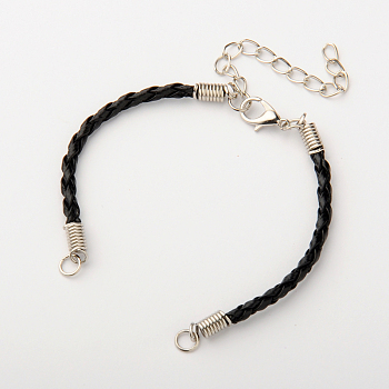 Braided PU Leather Cord Bracelet Making, with Iron Findings and Alloy Lobster Claw Clasps, Platinum, Black, Platinum, 170x3mm, Hole: 4mm