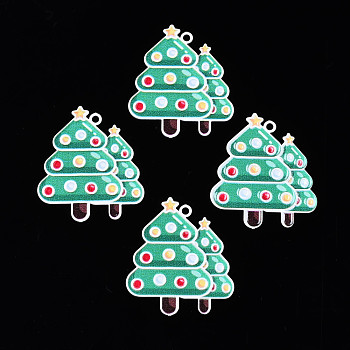 Spray Painted Brass Pendants, with Printed, Christmas Tree, Sea Green, 31x27x0.4mm, Hole: 1.8mm