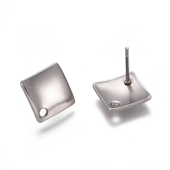 304 Stainless Steel Stud Earring Findings, Rhombus, Stainless Steel Color, 13.5x13.5x1.4mm, Side Length: 10x10mm, Hole: 1.5mm, Pin: 0.8mm