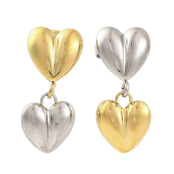 Ion Plating(IP) 304 Stainless Steel Stud Earrings for Women, Heart, Real Gold Plated & Stainless Steel Color, 22x9.5mm