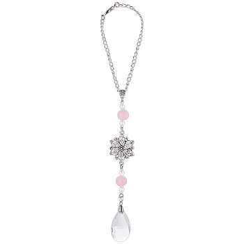 Bohemian Style Acrylic & Glass Pendant Decoration, with Iron Chain and Lobster Claw Clasps, Pink, 285mm