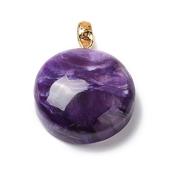 Natural Charoite Pendants, Flat Round Charms with Golden Plated 925 Sterling Silver Findings, 21.5x19x7.5mm, Hole: 3x2mm