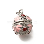 Brass with Enamel Bead Cage Pendants, Cadmium Free & Lead Free, Long-Lasting Plated, Rack Plating, Round with Flower Pattern, Pink, 23x18x21mm, Hole: 4.4mm(KK-M313-42P-03)