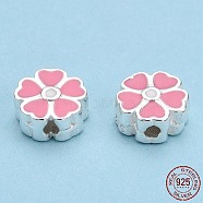 925 Sterling Silver Beads, with Enamel, Flower, Pink, 7.5x8x3.5mm, Hole: 1.5mm(STER-T004-01S-01)